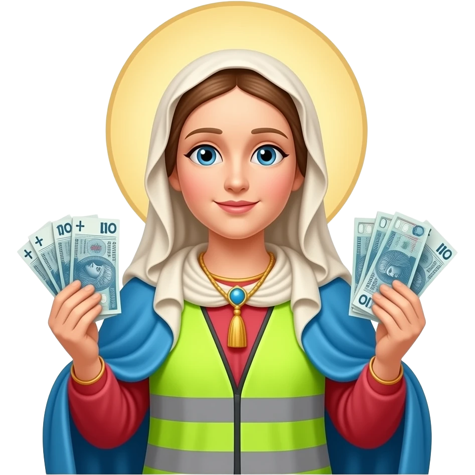 virgin marry in highviz vest with a polski złoty bank notes in hands emoji