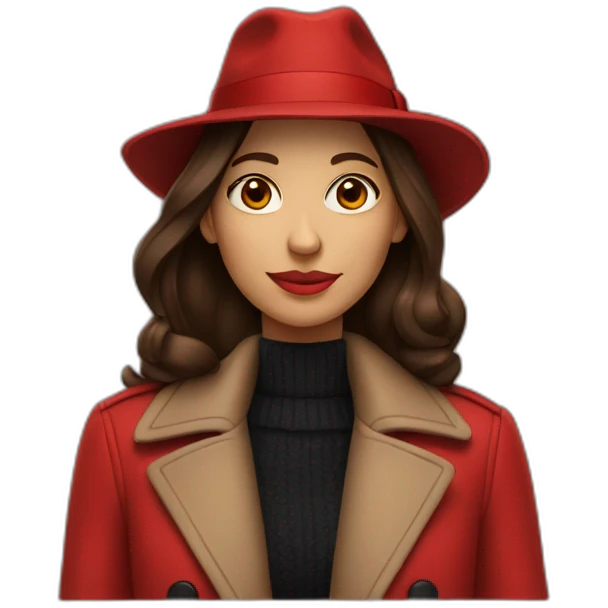 Brunette wearing red over coat and red fedora emoji