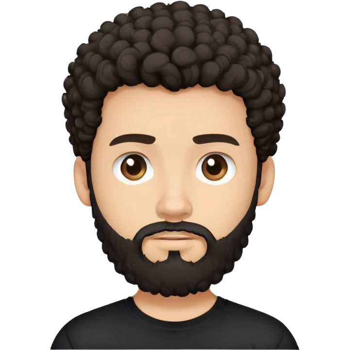 young man with light skin, thick curly dark hair, full beard, neutral expression, plain black t-shirt, front-facing, minimalistic, simplified features, clean lines, flat design emoji