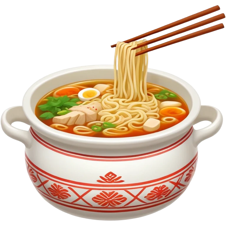 Yunnan Crossing the Bridge Noodles with raw ingredients and hot broth in special pot, simplified emoji style with bold outlines and bright colors, cartoon style unique serving method emoji