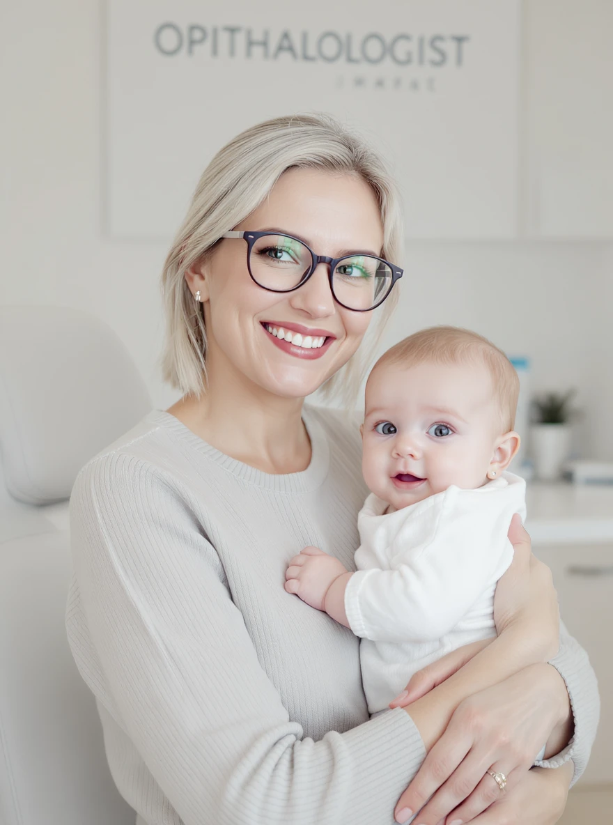 Cinematic still, Proffesional advertising of a smiling european white woman with glasses smiling holding baby, minimalistic ophthalmologist interior in background, leading  lines, "rule of thirds", 60/30/10 colors, soft light emoji