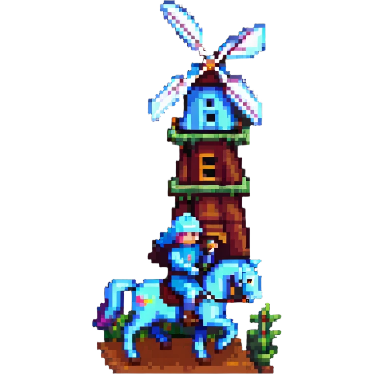 knight on horseback in front of windmill, pixel art style, retro, detailed emoji
