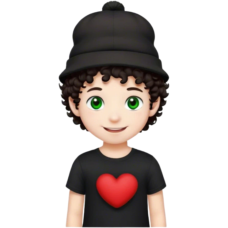 A boy with white skintone, dark brown little curly hair, a black and red plushie looking hat, with a smile and all, it’s very furry. And the boy had green eyes, and a black shirt on. emoji