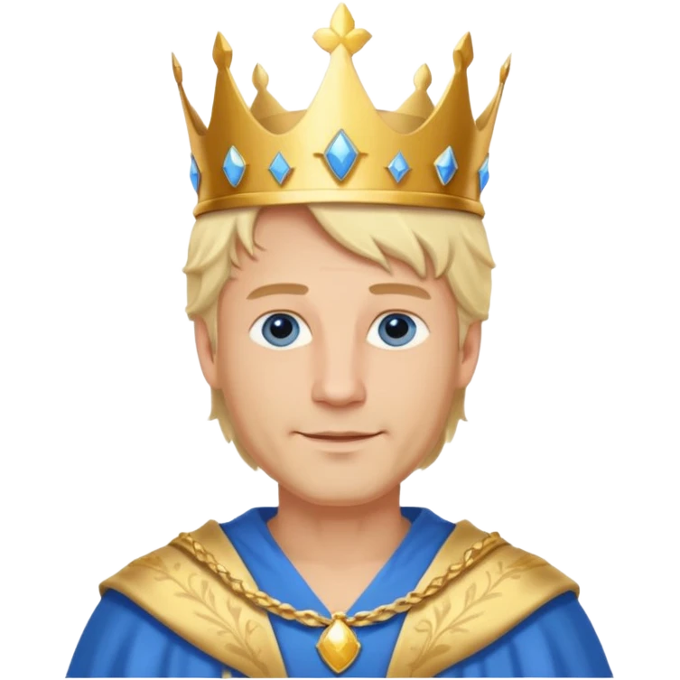 
1 Middle-aged white king, 40 years old, blond hair, blue eyes, kind and benevolent vibe, gentle smile, wearing a crown and blue robe emoji emoji