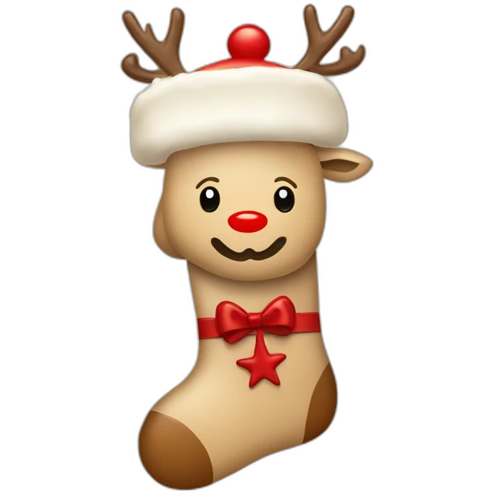 A beige Christmas stocking with red snowflakes and a reindeer drawn on it. The reindeer has a red nose. emoji