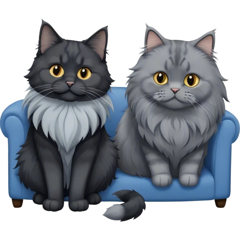 A large black smoke Maine Coon cat with long grey ear tufts and a fluffy grey ruff, sitting next to a chubby British Shorthair cat in blue color with plush fur, both sitting comfortably on a sofa. Beautiful room background with flowers and soft lighting. Transparent background. emoji