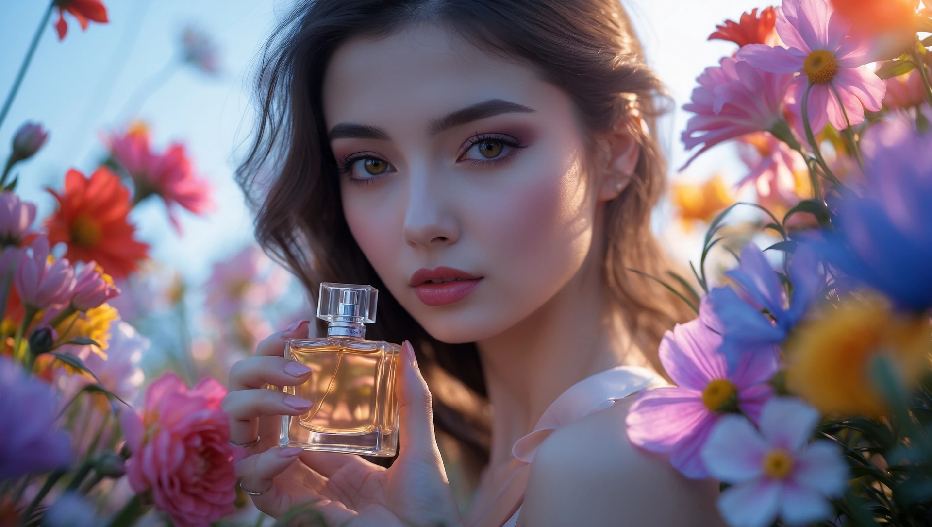 Motion blur Extreme Closeup photo of a beautifull woman holding perfume around beautifull colorfull flowers, cinematic light, 8K, very detailed, sharp, depth (foreground, midground, background) emoji