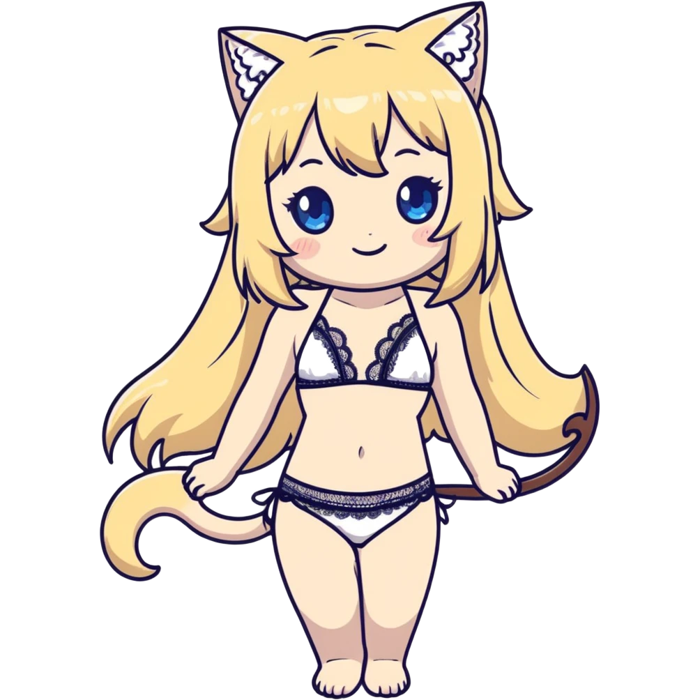 painting of flirty petite lithe blonde blue eyes catgirl soft body long hair freckles giggling flirty shy lace white bikini tight waist wide hips historical Japanese art influence emoji