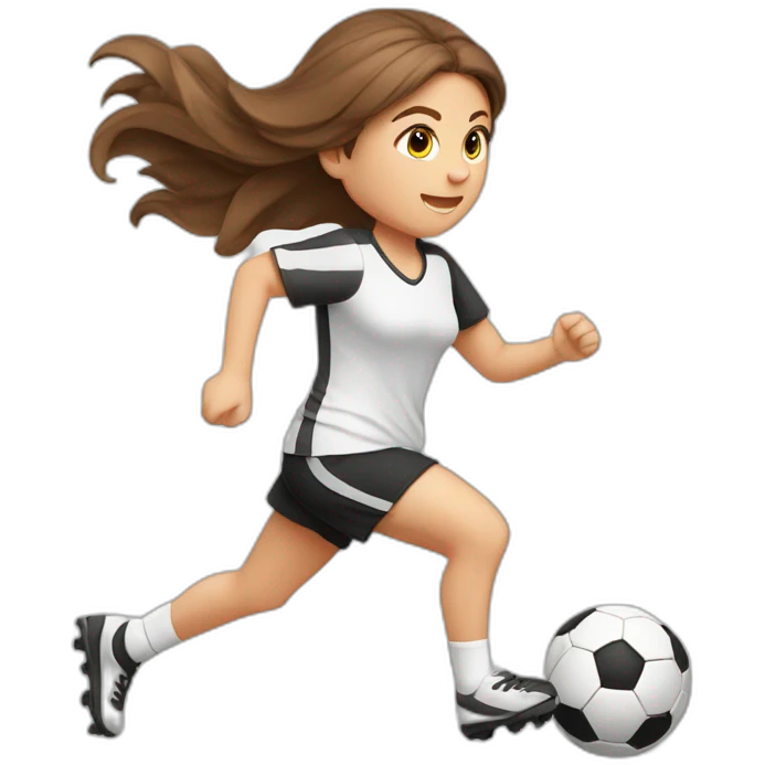 Caucasian girl with brown long hair running with a soccer ball wearing White short and black shorts emoji