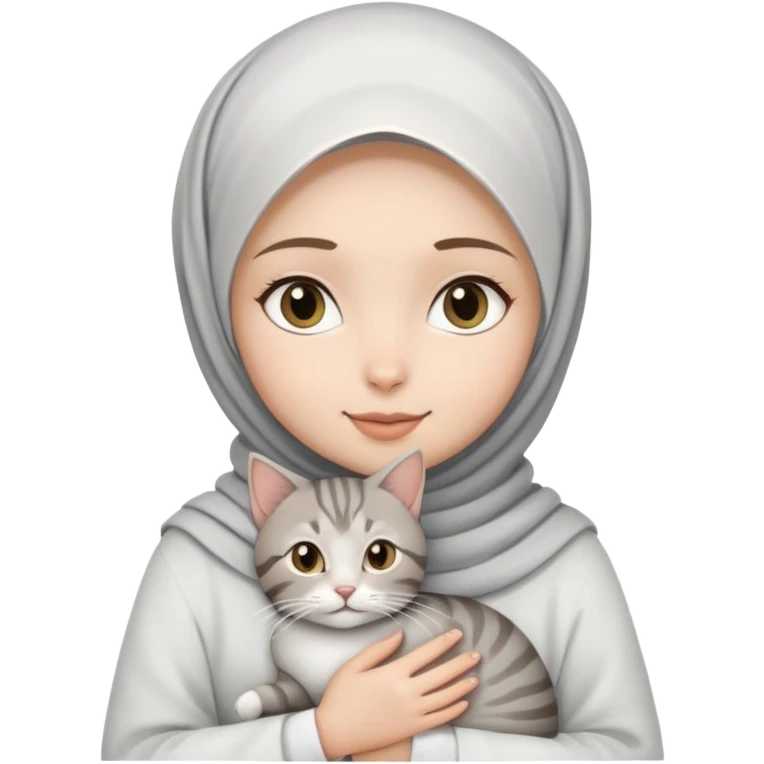 Printed white hijab girl holding grey tabby cat emoji