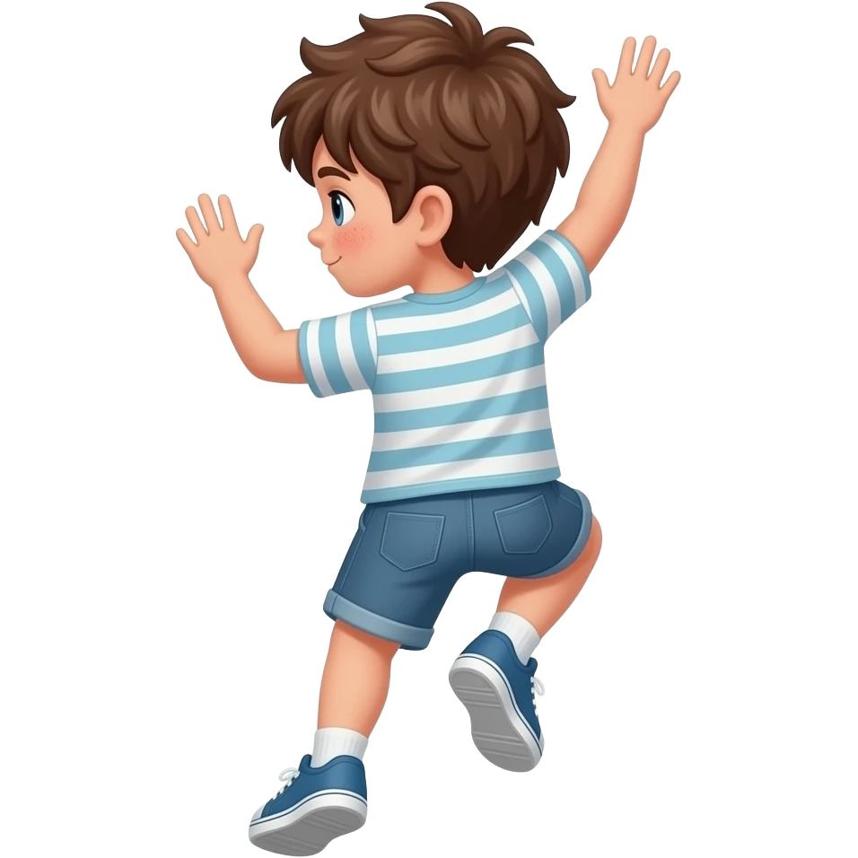 Hazme un chico con pelo rebelde castaño, ojos azules y unas pecas. que este escalando, por ultimo que este de espaldas emoji