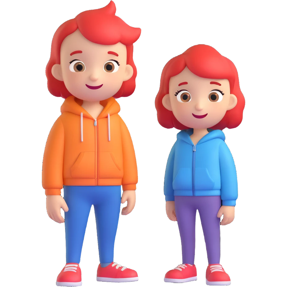 Two smiling cartoon-style characters standing close together, one slightly taller, cheerful expressions, matching clothes or colors, white background, emoji style emoji