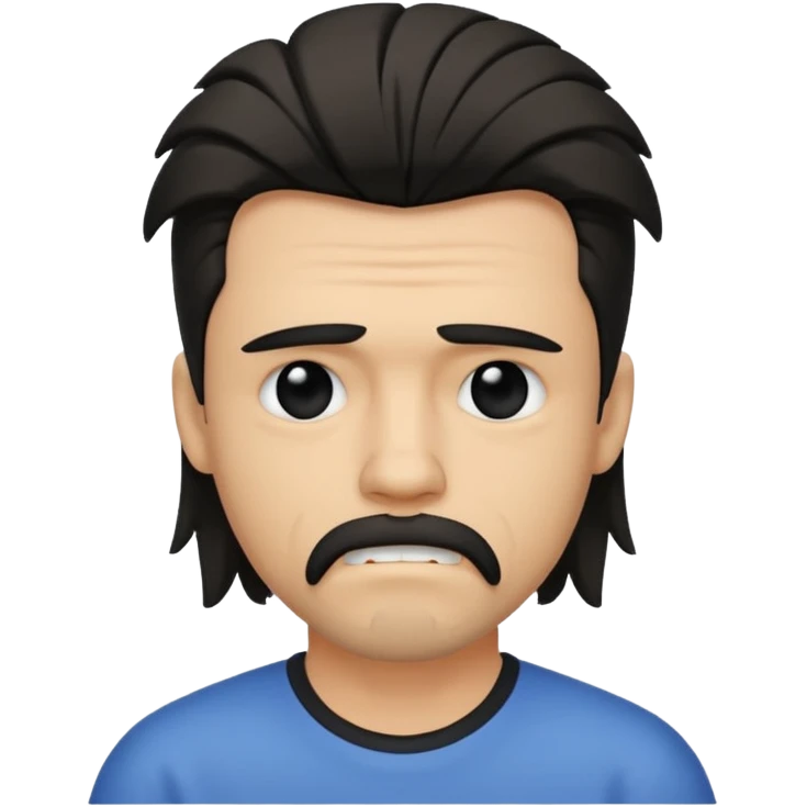 Dentes tortos, mullet no cabelo, cavanhaque, olhos pretos e tristes  emoji