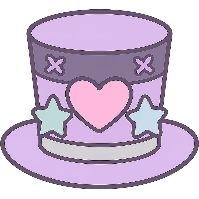 top hat in pastel goth style, pastel purple velvet, silver trim, playful and dramatic emoji