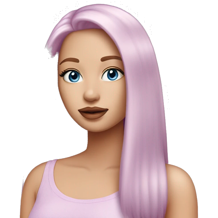 a beautiful girl with fair skin, blue eyes and long straight soft pink hair, with soft pink lipstick. in a lilac fashionable top emoji