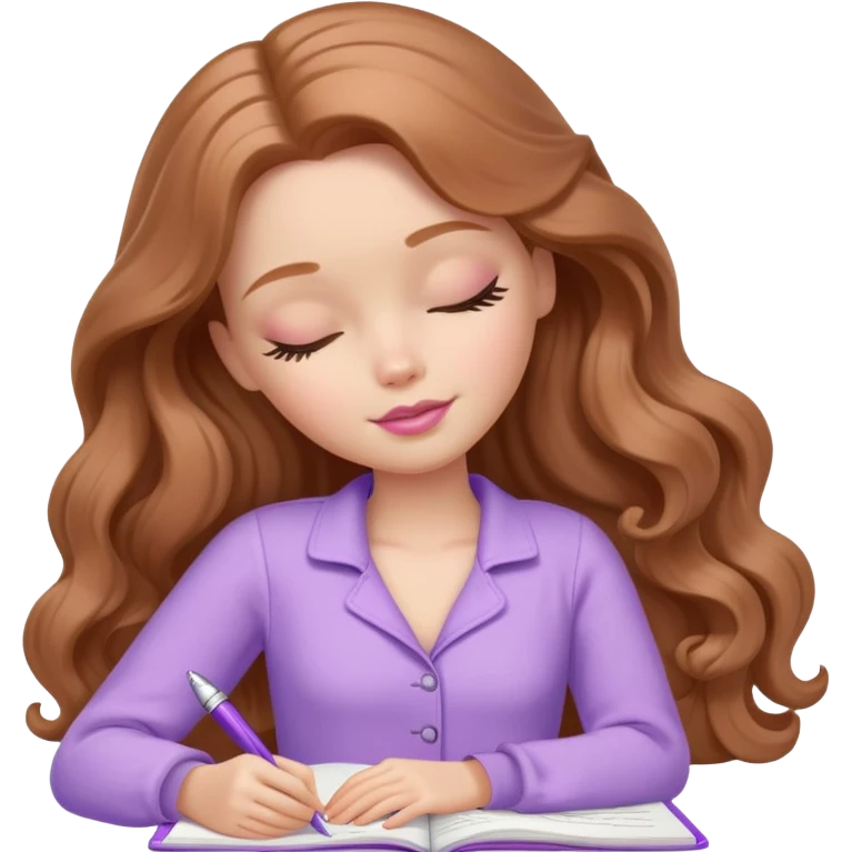 White Barbie girl Chestnut long wavy hair sleeping with In lavender clothes, he writes in a notebook emoji