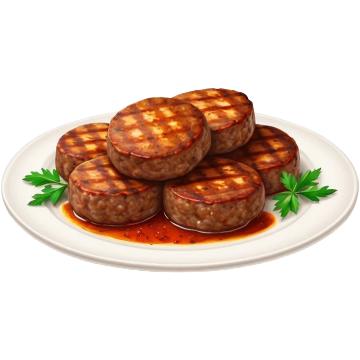 Cinematic Realistic image of Turkish Köfte, presented as perfectly formed, spiced meat patties with detailed textures and subtle grill marks, arranged artfully on a simple plate and illuminated by warm, appetizing lighting that accentuates their savory appeal. emoji