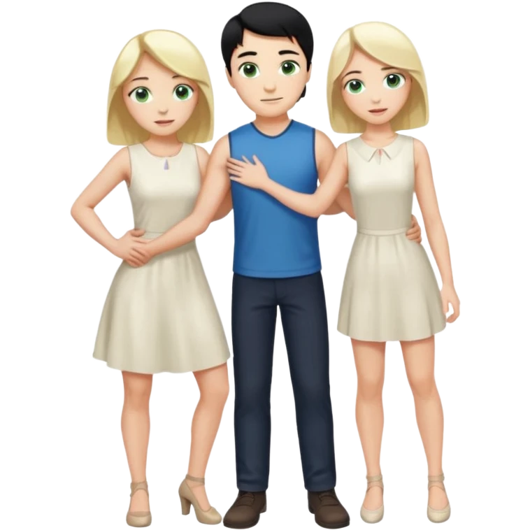 King, upright, black Hair, blue eyes, whole body, Woman, blonde Hair, Green eyes, bending knee, sleveless White Dress, emoji