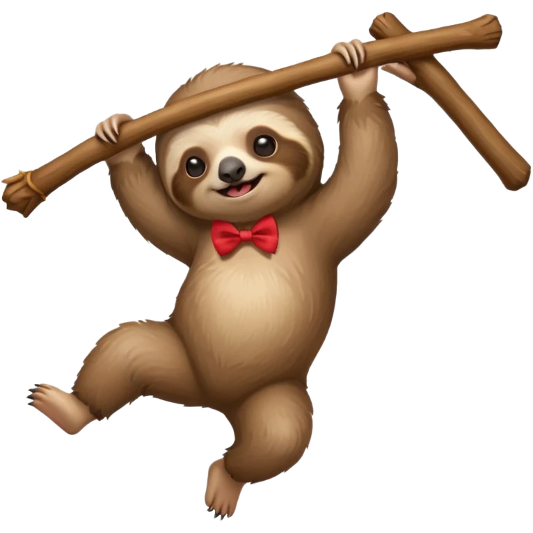 cute swinging Sloth on stick, red bow tie emoji