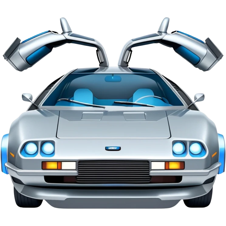 Retro-futuristic hover car inspired by the DeLorean, gullwing doors, silver metallic body with blue-tinted windows, stylized jet boosters in the back, flat vector style, outlined shapes, minimal design emoji