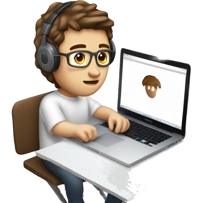 Young male programer coding in a macBook on a coffee table with headphones, white skin and Brown hair emoji emoji