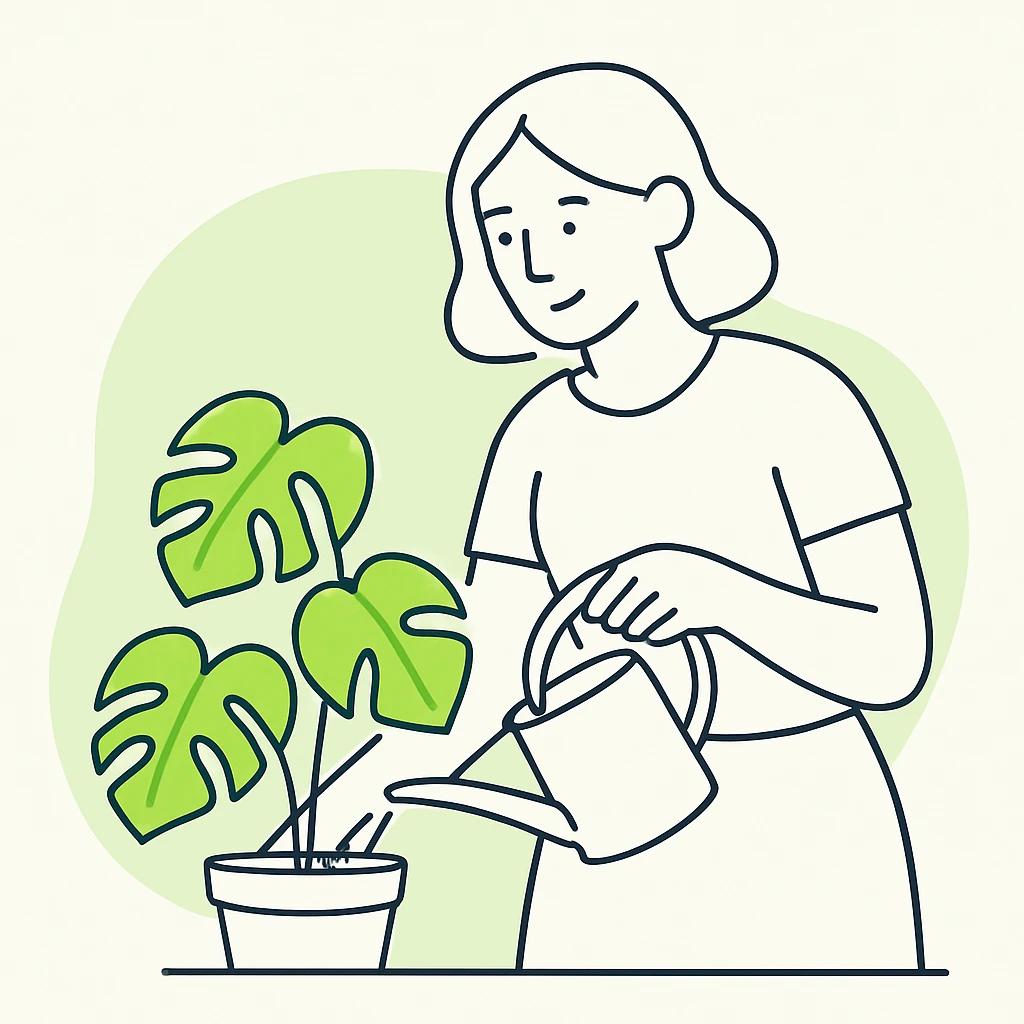 woman watering her monstera plant emoji