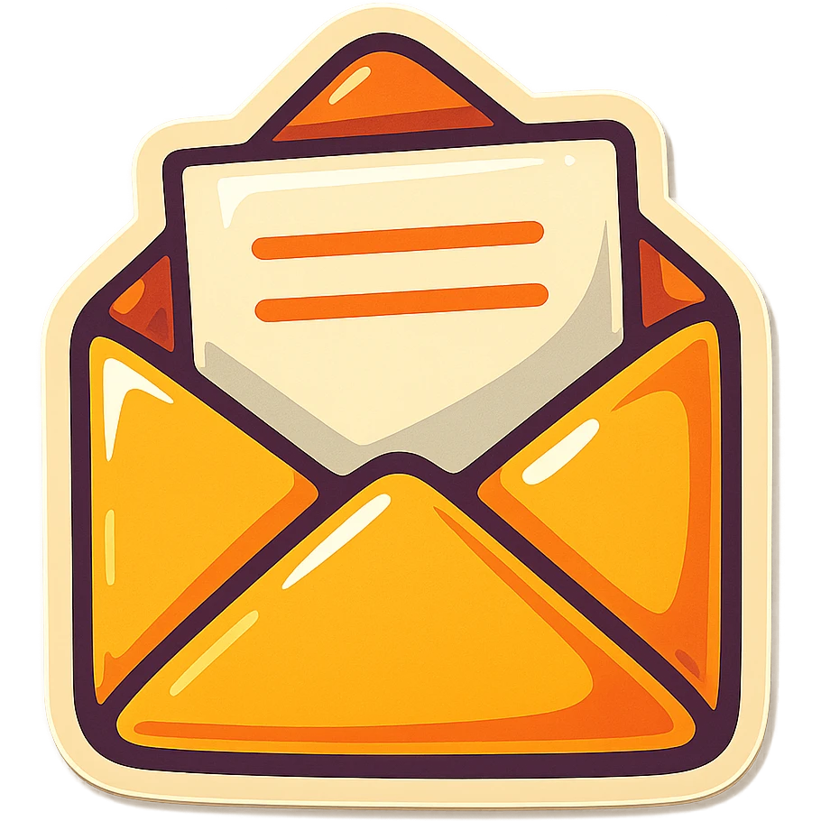 retro sticker style image of an open envelope with a letter peeking out, thick outlines, expressive shadows, shiny highlights, juicy and fun sticker style emoji