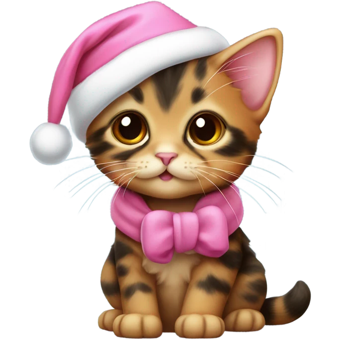 Cute tortoiseshell kitten wearing a pink Santa hat and coat emoji