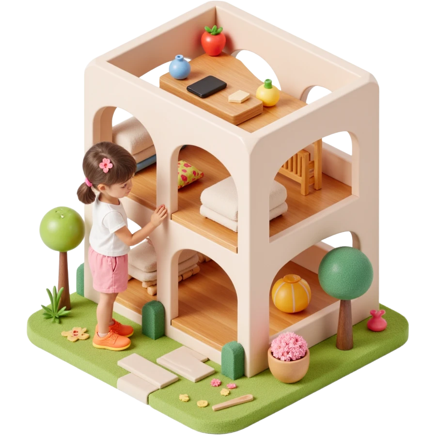 smiling girl arranging furniture in doll house emoji