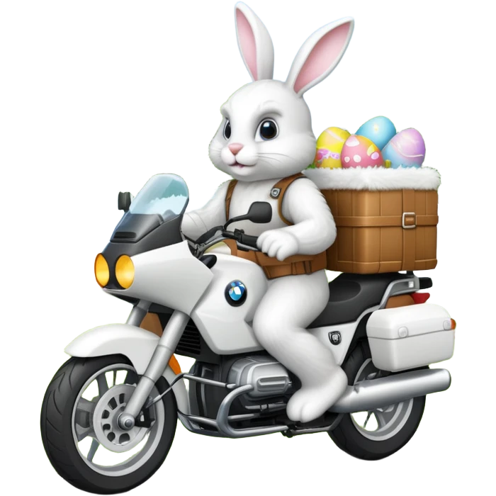 Easter bunny riding a BMW boxer motorcycle with trees and grass in the background emoji