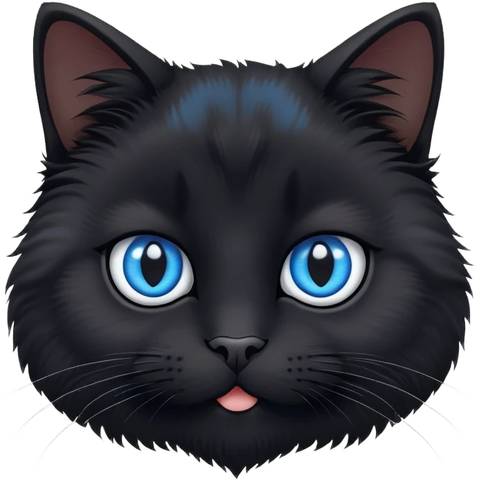 cute fluffy black cat face with big blue eyes, more natural cat face shape, not too round, still adorable emoji