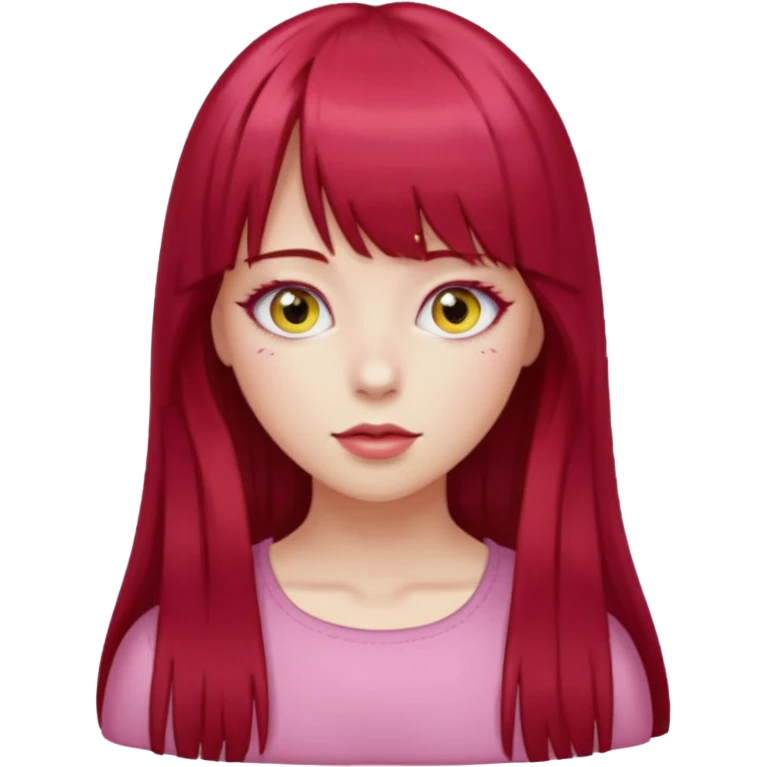 Menina com cabelos longos vermelho Cherry, liso com franja,olho direito ROSA e olho esquerdo amarelo,pele clara  emoji
