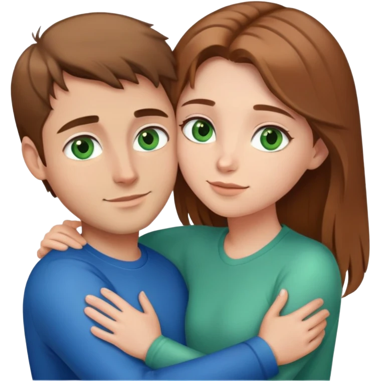 cute couple hugging, girl with light brown hair and green eyes, guy with brown hair and blue eyes emoji