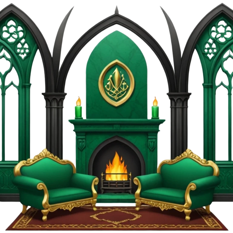 Slytherin common room scene with an emerald green sofa and ornate fireplace, gothic arches emoji