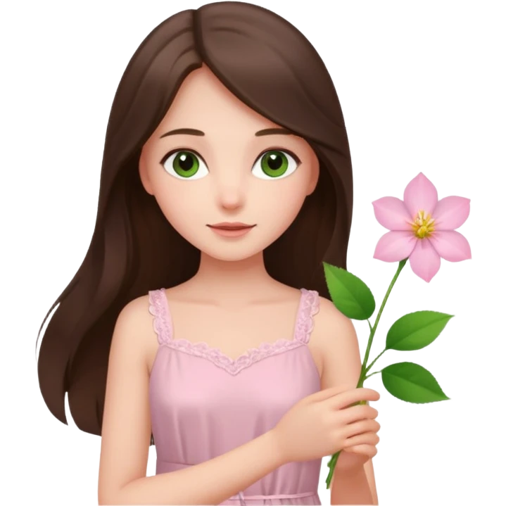 white brunette girl long hair with hazel eyes in light pink dress holding a flower emoji