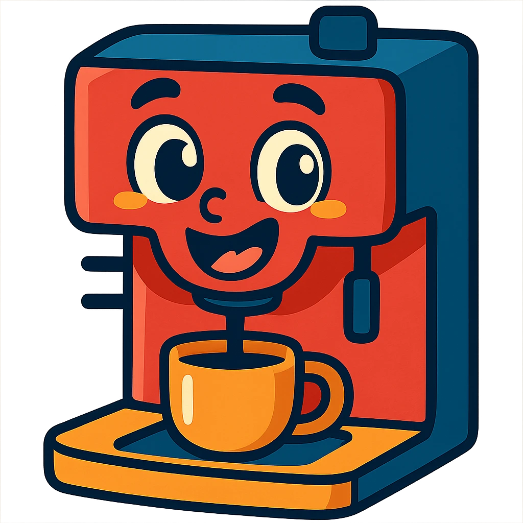 a coffee machine with a cute, expressive face, personified, in a fun and charming style emoji