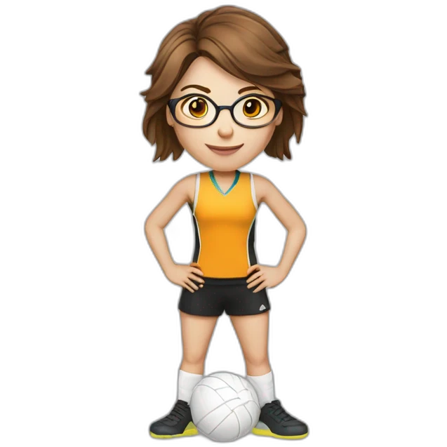 caucasian female netballer with brown hair, glasses and ball emoji