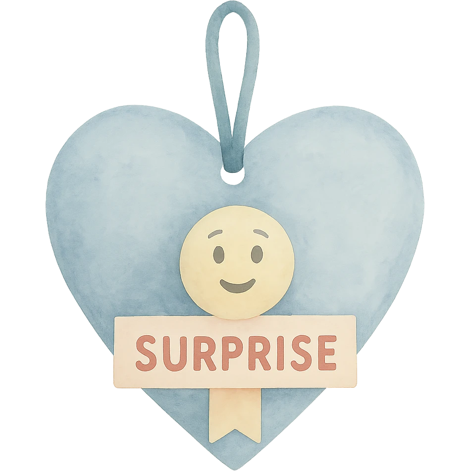 Recreate the blue heart-tagged pink gift in a watercolor art style, with the name 'Surprise' on the tag, no background. emoji