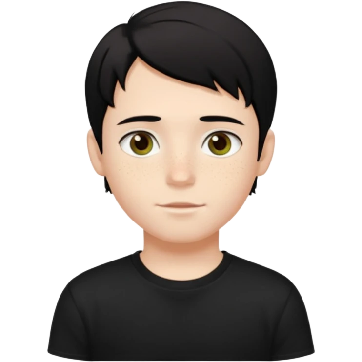 A beautiful boy with black hair and hazel green and brown eyes and white skin , with dark freckles and black t shirt with HAIRCUT: middle part hair hair with a center part haircut  emoji