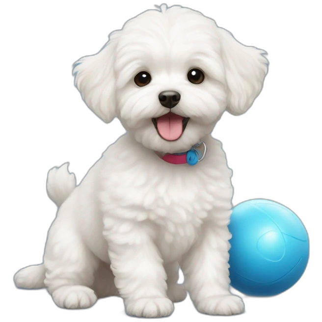 white maltipoo dog playing with a blue ball emoji