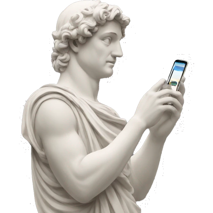 italian statue looking at cellphone emoji