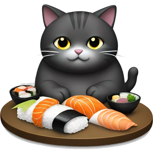 Black and grey fat cat eating sushi emoji