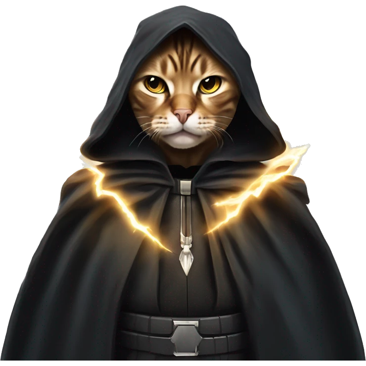 Bengal cat styled like Emperor Palpatine in the 'unlimited power' scene. a menacing expression, dark cloak, and lightning bolts coming out of its paws. intense eyes and powerful gestures emoji