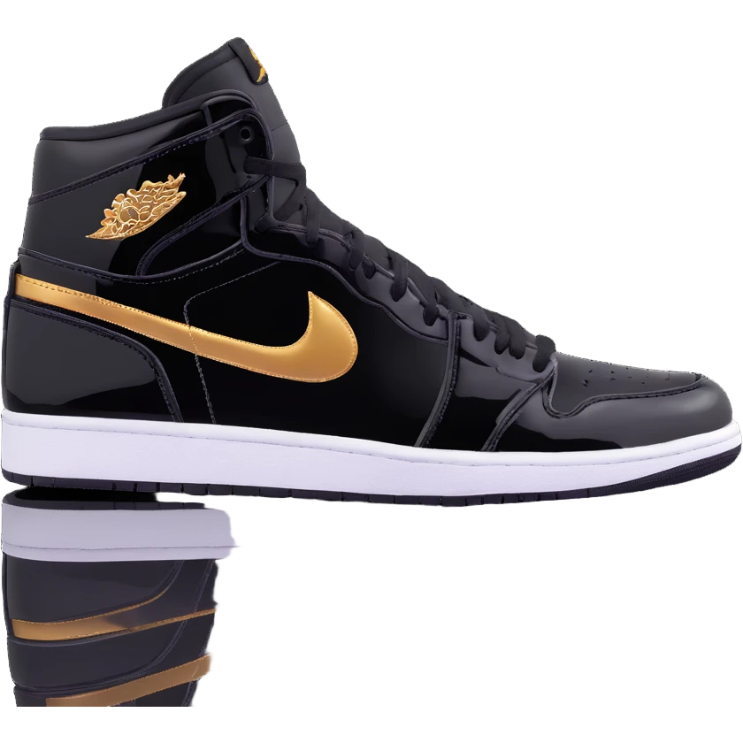 Jordan 1 sneaker, patent leather black material with a metallic gold swoosh emoji