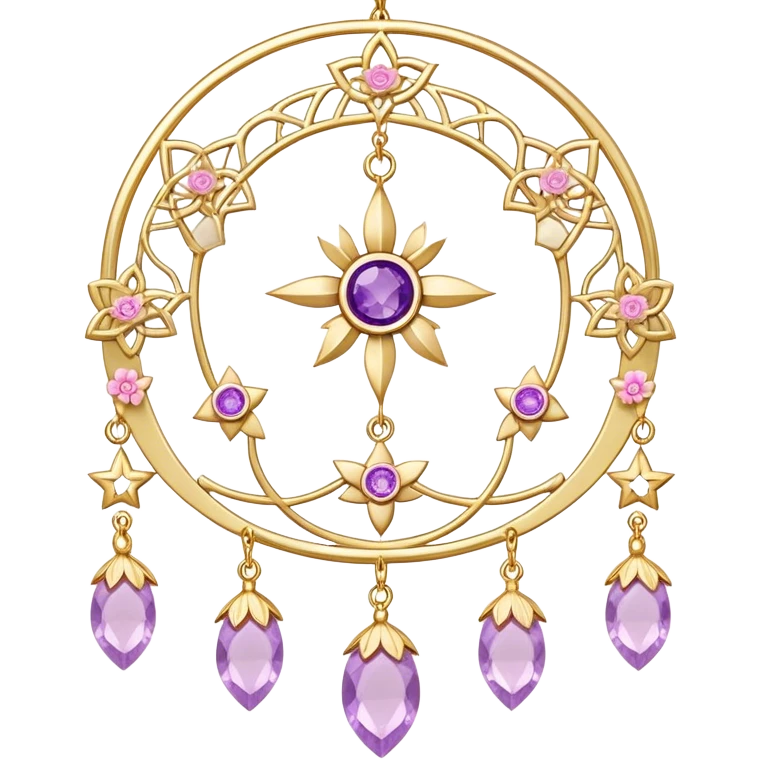 Epic beautiful gorgeous cute gold suncatcher, threads with shiny sparkly amethyst and rose-quartz gemstones, flowers, crescents-moons, stars emoji