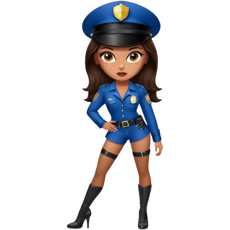 A sexy bratz girl. with caramel skin. Dark brown hair and brown eyes. She has freckles. Wearing sexy makeup. Dressed as a sexy cop. wearing lingerie. Wearing heels on her feet emoji