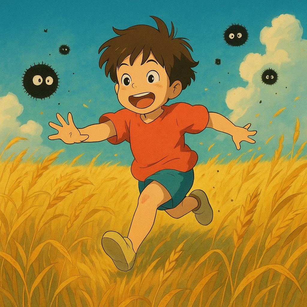 A child running through a golden wheat field, chased by playful dust spirits. emoji