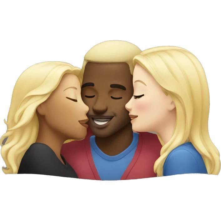 Two blondes kiss black man on the cheek emoji