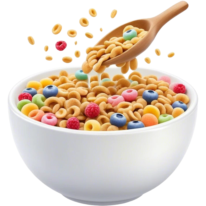 Cinematic crunchy cereal, vibrant and colorful, splashing into a bowl of cold milk, soft glowing background, dynamic movement, playful and inviting, nostalgic and fun. emoji