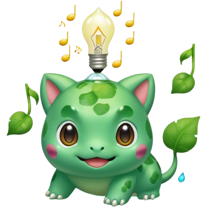 cute Bulbasaur Pokémon in Rednote app emoji style, glossy soft face, bold eyes, small bulb on back, floating music note nearby emoji